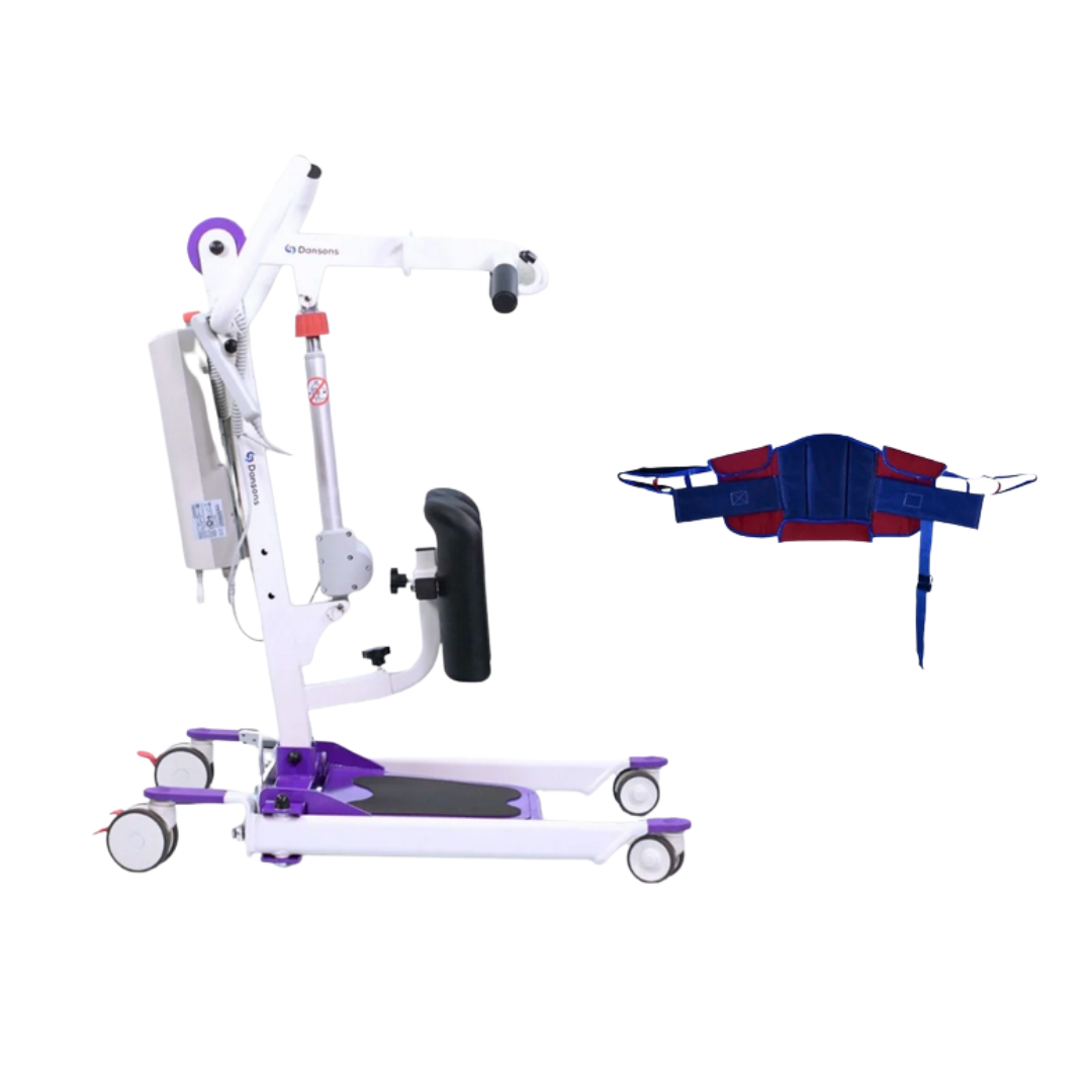 The Dansons SA350 Compact Electric Stand Assist, shown in white and purple with wheels, handlebar, and footrest, is displayed next to a blue and red FREE bariatric sling; lifting capacity is 350 lb.